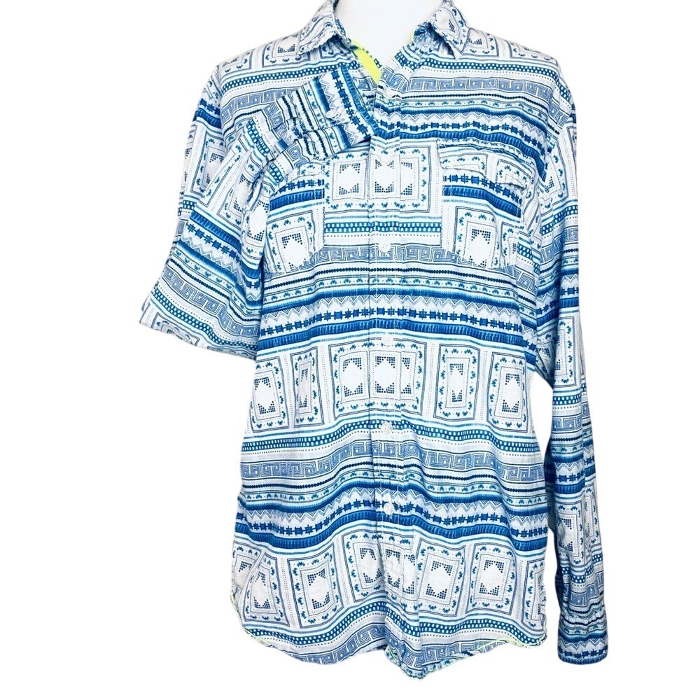 Bar III Womens‎ Blue White Geometric Tribal Print Cotton Button Down Shirt Large